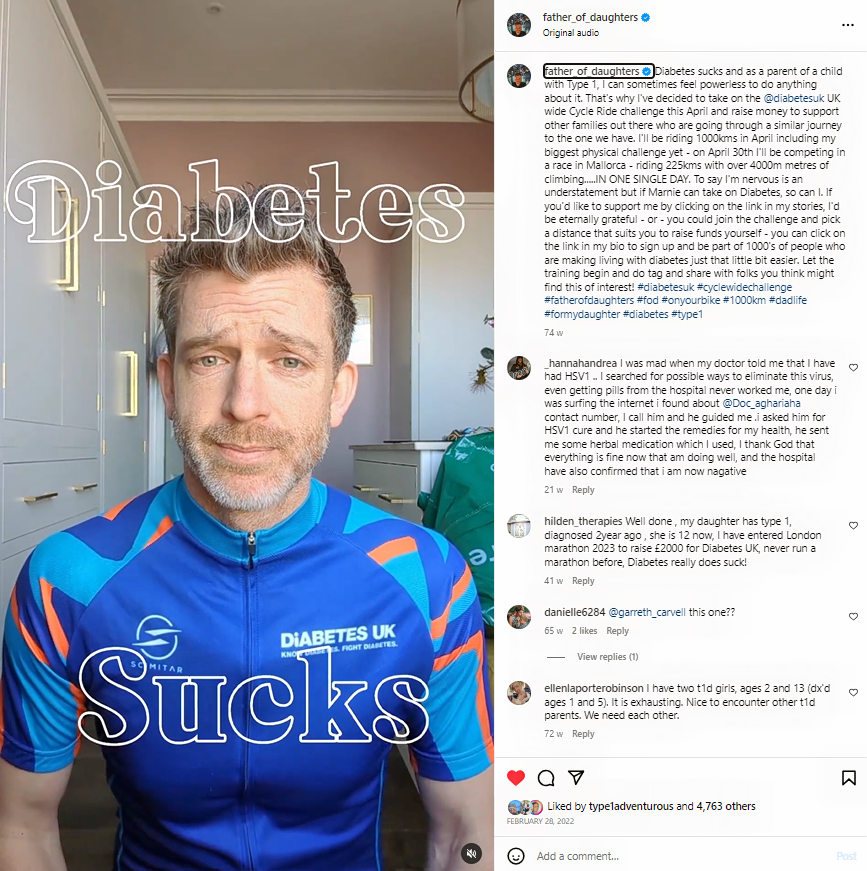 Simon using his Instagram account to raise awareness of fundraising for Diabetes UK
