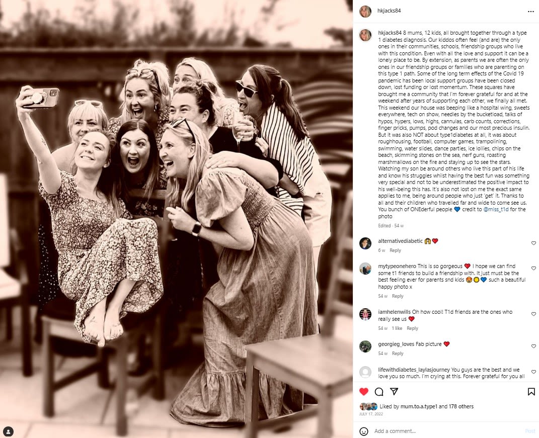 An Instagram post from Heather's account showing her with a group of mums of other Type 1 children who she met through the platform